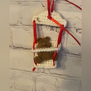 Vintage flocked Cute Brown Bear Ornament with Red Accents